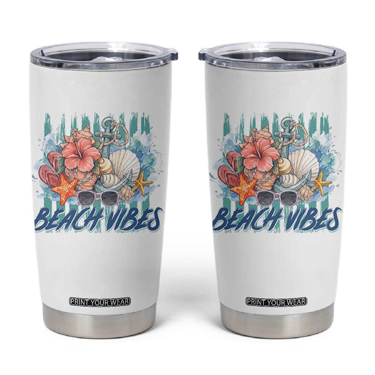 Beach Vibes Tumbler Cup Floral Seashell Coastal Vacation Graphic TS12 White Print Your Wear