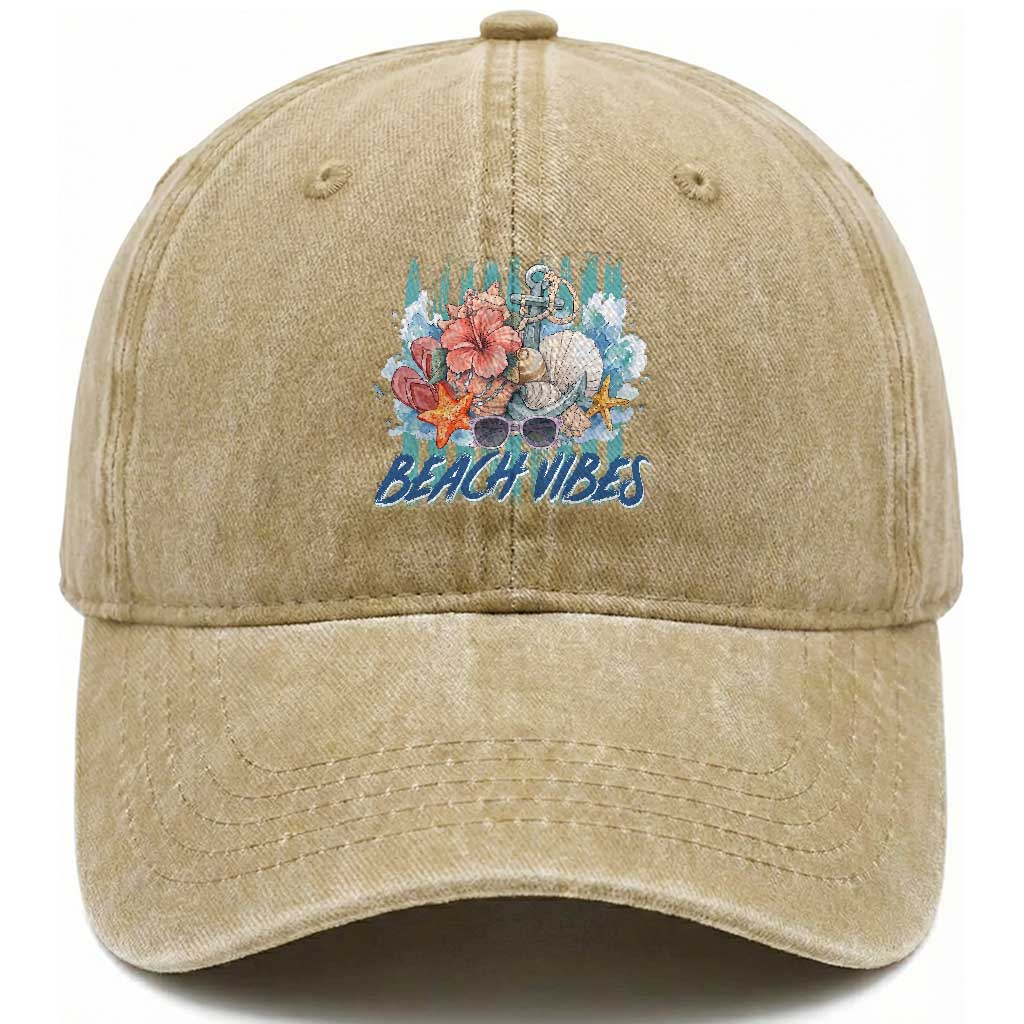 Beach Vibes Washed Cotton Baseball Cap Floral Seashell Coastal Vacation Graphic TS12 Print Your Wear