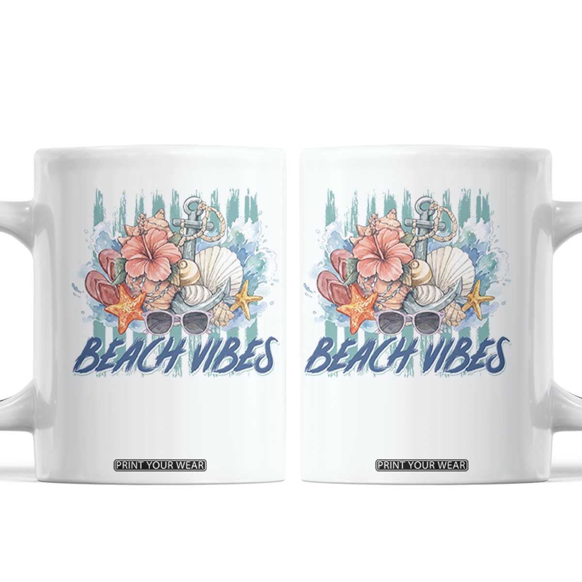 Beach Vibes Coffee Mug Floral Seashell Coastal Vacation Graphic