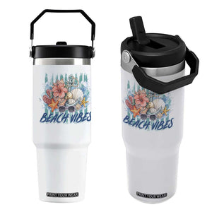 Beach Vibes Flip Straw Tumbler Floral Seashell Coastal Vacation Graphic TS12 One Size: 30 oz White Print Your Wear