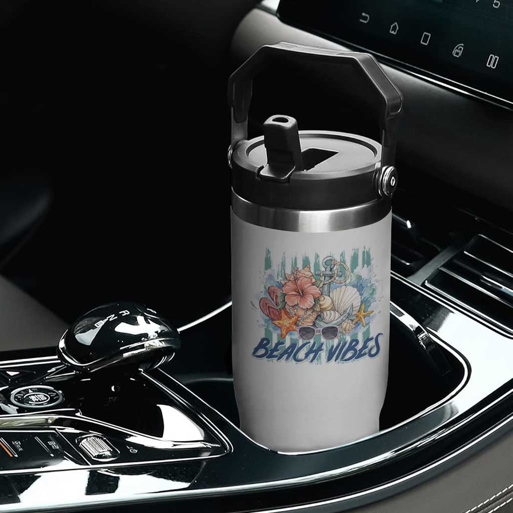 Beach Vibes Flip Straw Tumbler Floral Seashell Coastal Vacation Graphic TS12 Print Your Wear