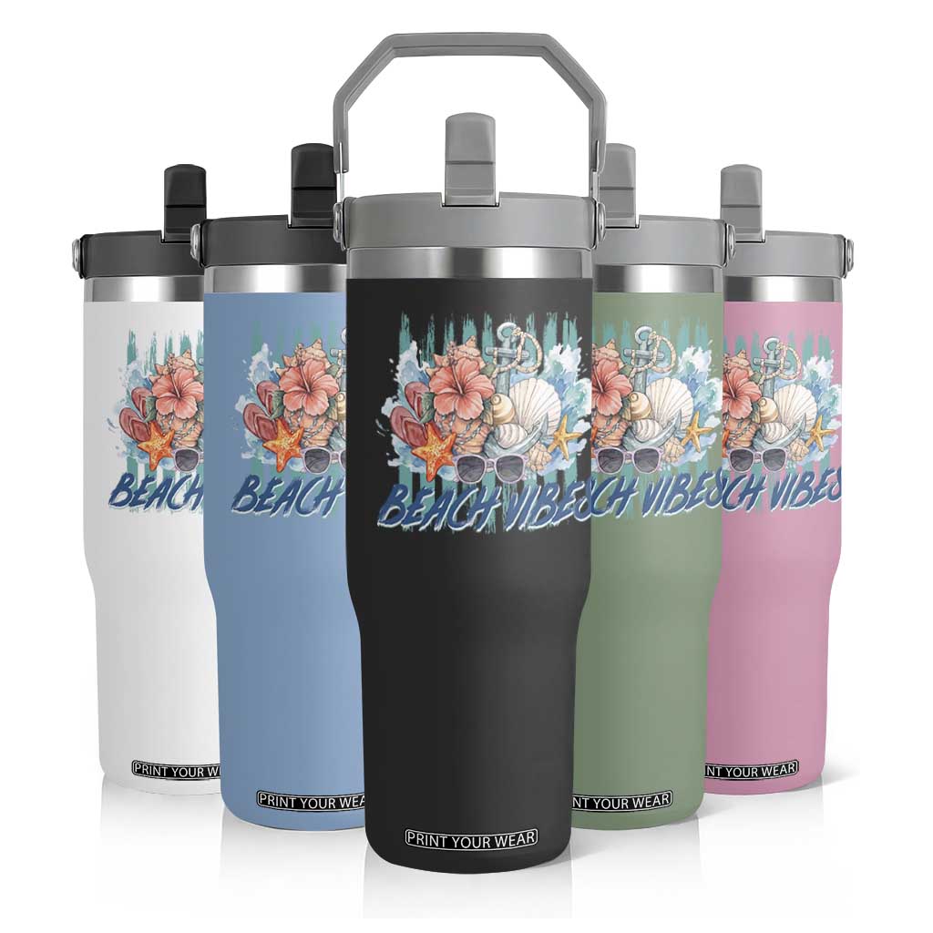 Beach Vibes Flip Straw Tumbler Floral Seashell Coastal Vacation Graphic TS12 Print Your Wear