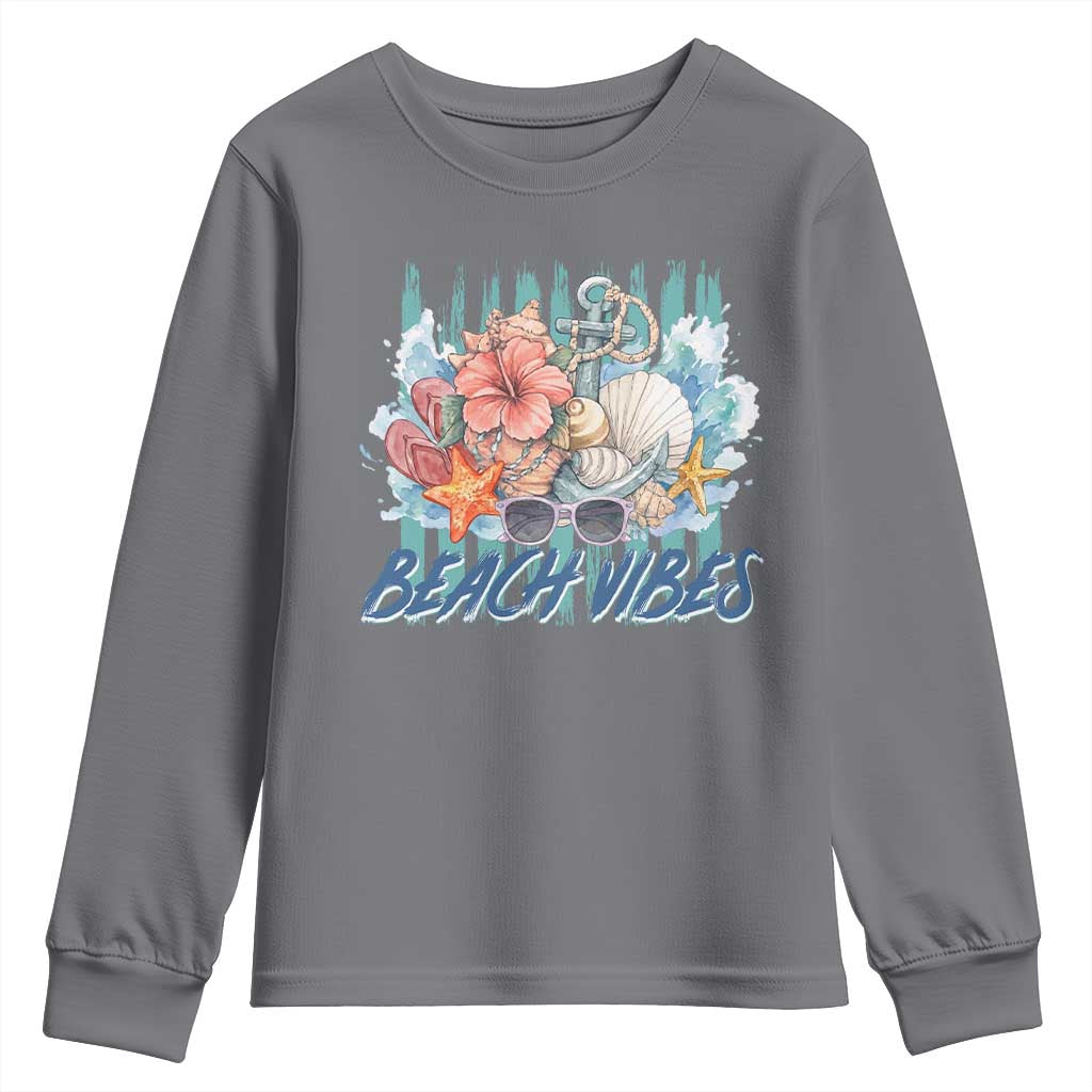 Beach Vibes Youth Sweatshirt Floral Seashell Coastal Vacation Graphic TS12 Charcoal Print Your Wear