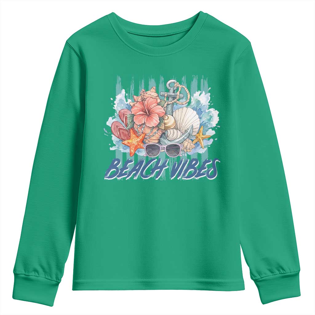 Beach Vibes Youth Sweatshirt Floral Seashell Coastal Vacation Graphic TS12 Irish Green Print Your Wear