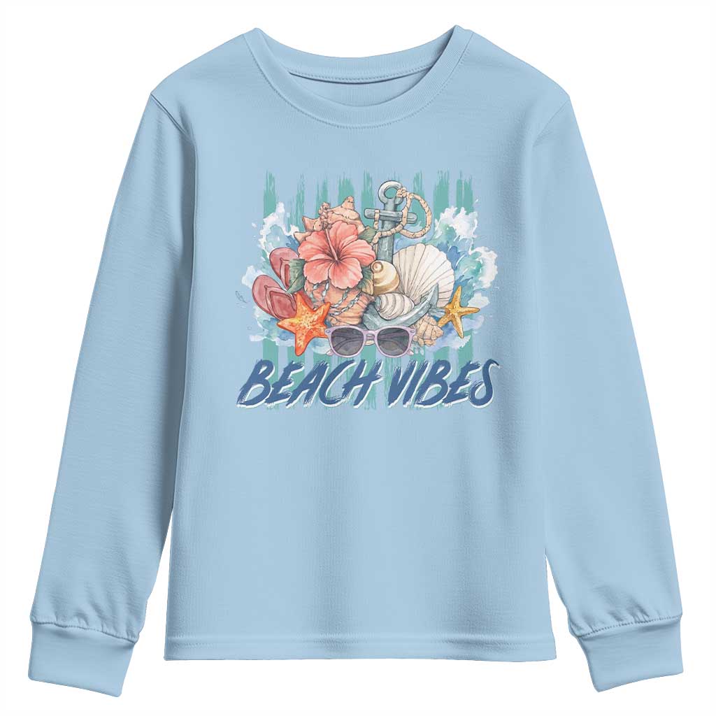 Beach Vibes Youth Sweatshirt Floral Seashell Coastal Vacation Graphic TS12 Light Blue Print Your Wear