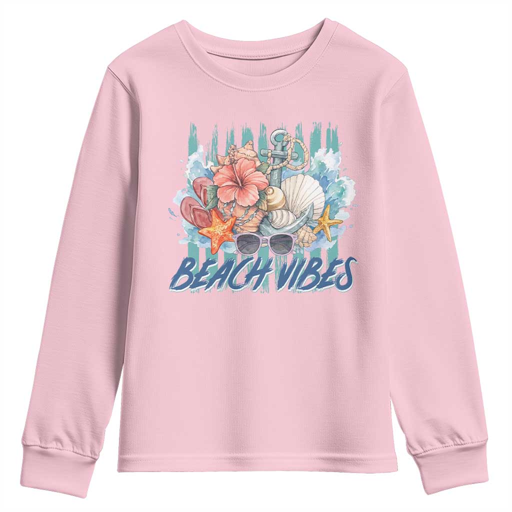 Beach Vibes Youth Sweatshirt Floral Seashell Coastal Vacation Graphic TS12 Light Pink Print Your Wear