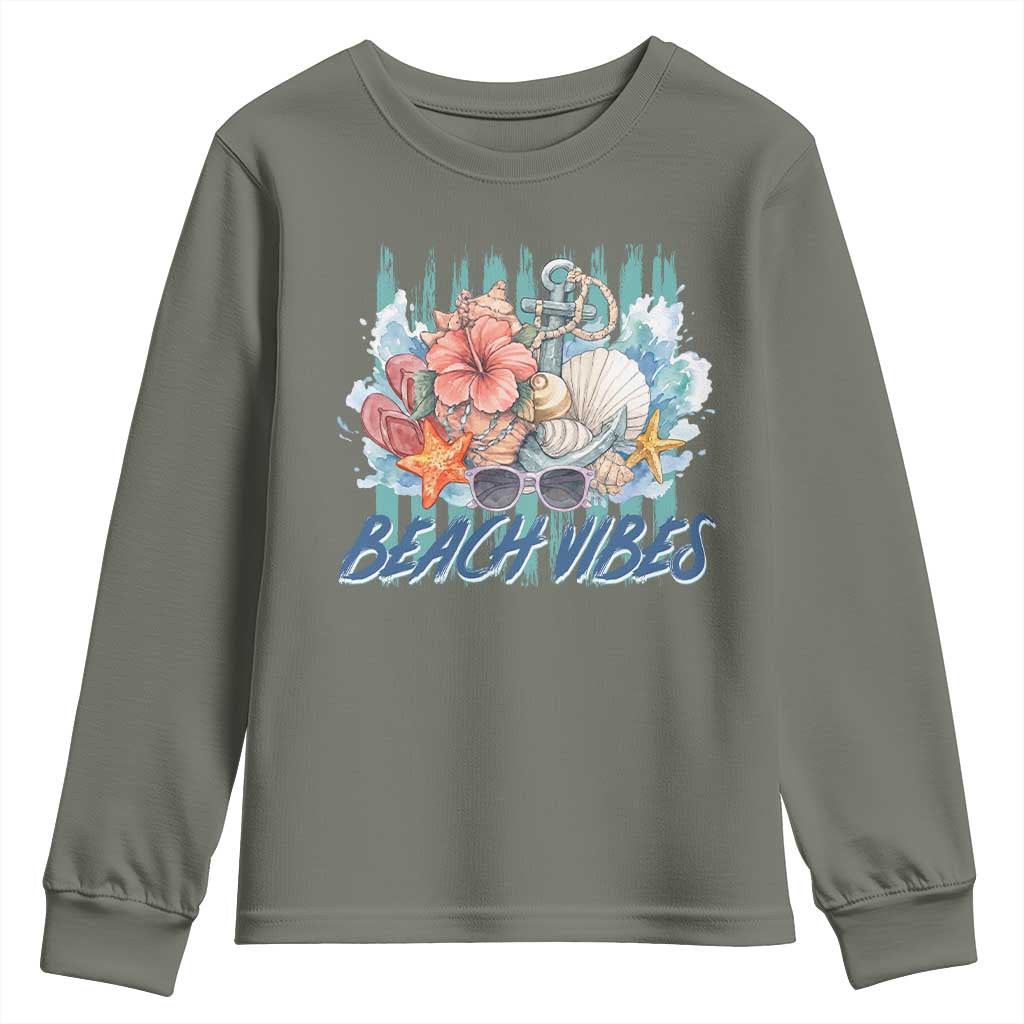 Beach Vibes Youth Sweatshirt Floral Seashell Coastal Vacation Graphic TS12 Military Green Print Your Wear