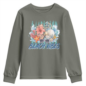 Beach Vibes Youth Sweatshirt Floral Seashell Coastal Vacation Graphic TS12 Military Green Print Your Wear