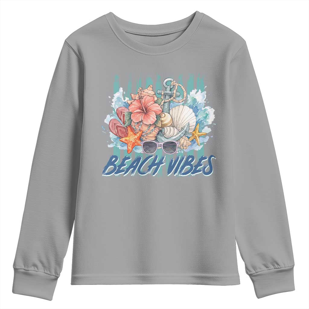 Beach Vibes Youth Sweatshirt Floral Seashell Coastal Vacation Graphic TS12 Sport Gray Print Your Wear