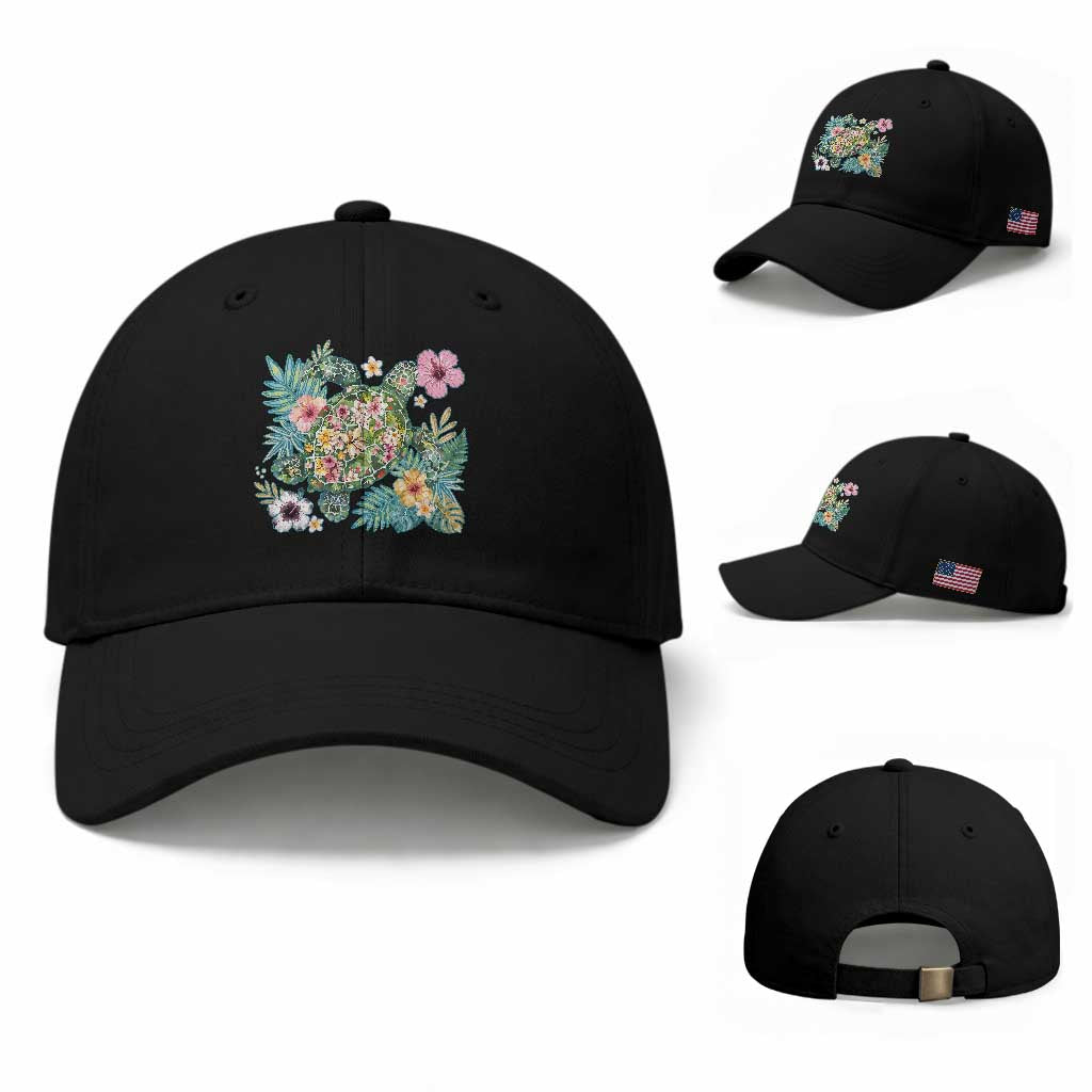 Floral Summer Turtle Baseball Cap Preppy Tropical Coastal Beach Graphic TS12 Baseball Cap Universal Fit Black Print Your Wear