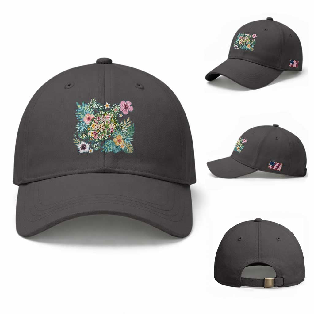 Floral Summer Turtle Baseball Cap Preppy Tropical Coastal Beach Graphic TS12 Baseball Cap Universal Fit Dark Gray Print Your Wear