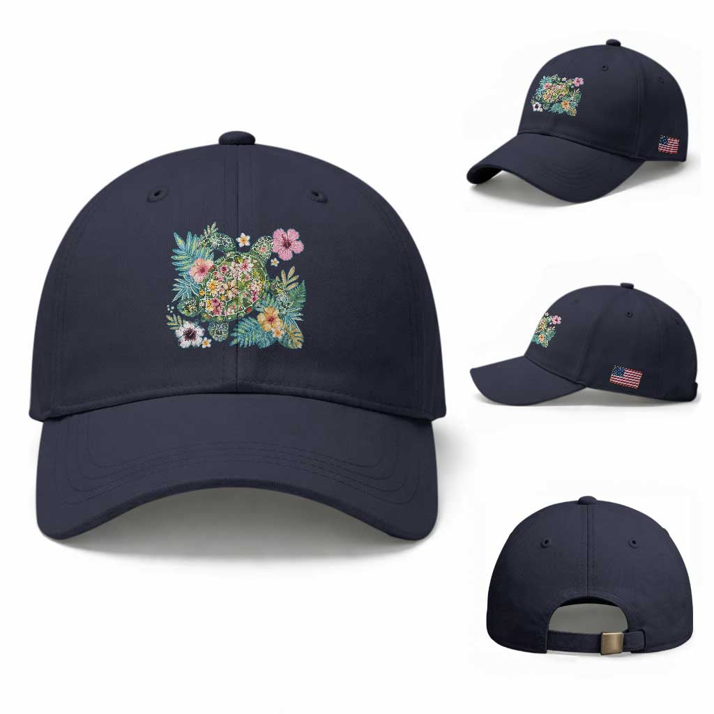 Floral Summer Turtle Baseball Cap Preppy Tropical Coastal Beach Graphic TS12 Baseball Cap Universal Fit Navy Print Your Wear