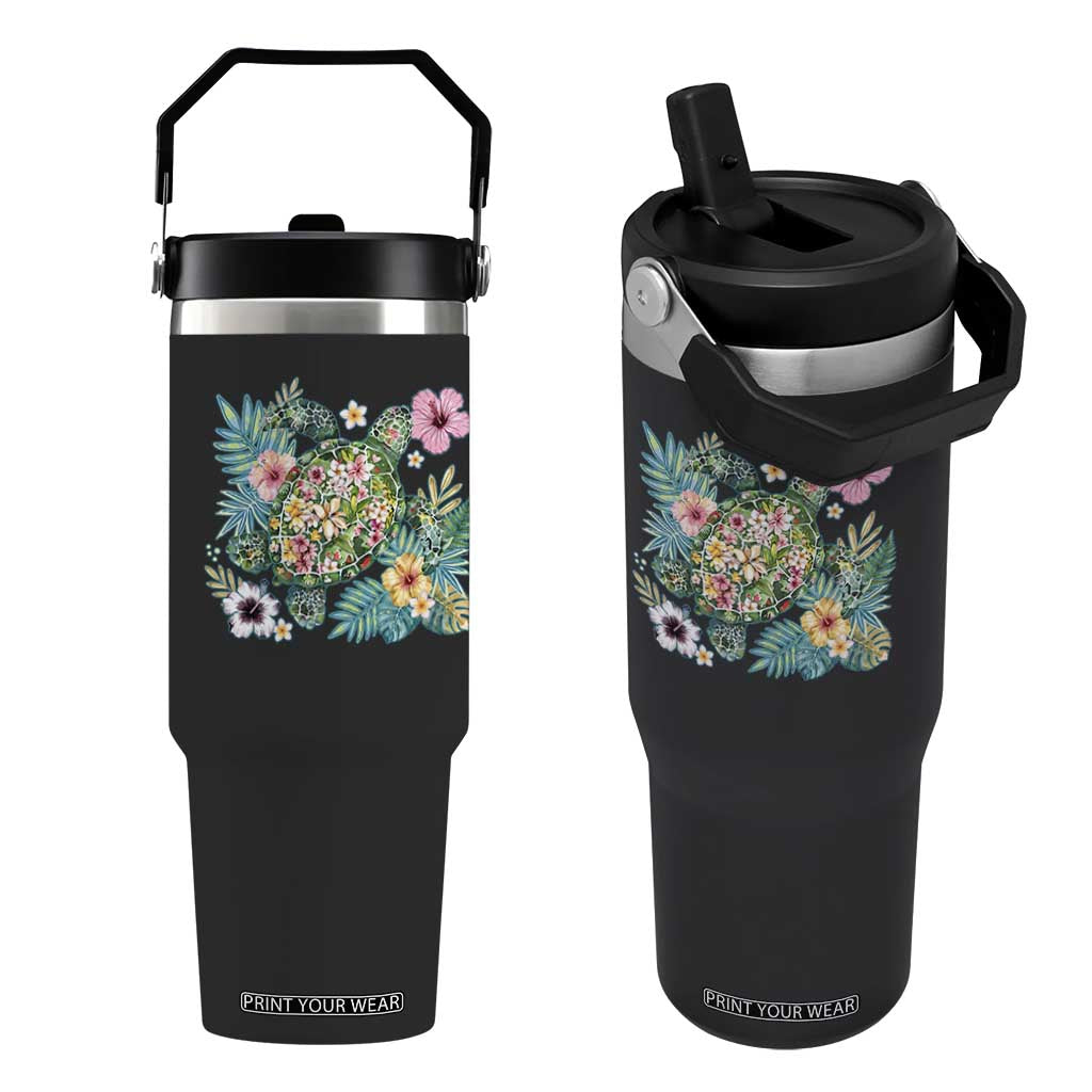 Floral Summer Turtle Flip Straw Tumbler Preppy Tropical Coastal Beach Graphic TS12 One Size: 30 oz Black Print Your Wear