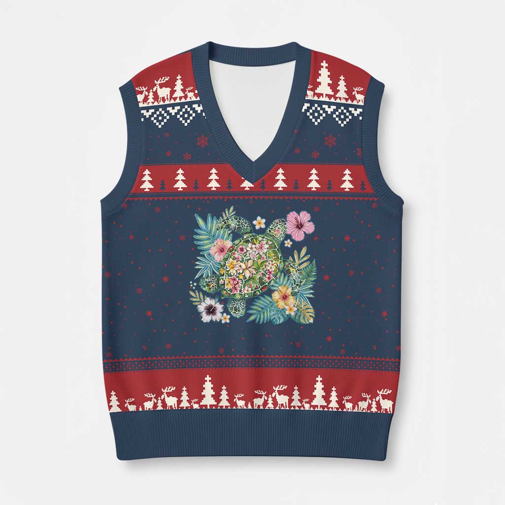 Floral Summer Turtle V-Neck Knit Sweater Vest Preppy Tropical Coastal Beach Graphic TS12 Navy Red Print Your Wear