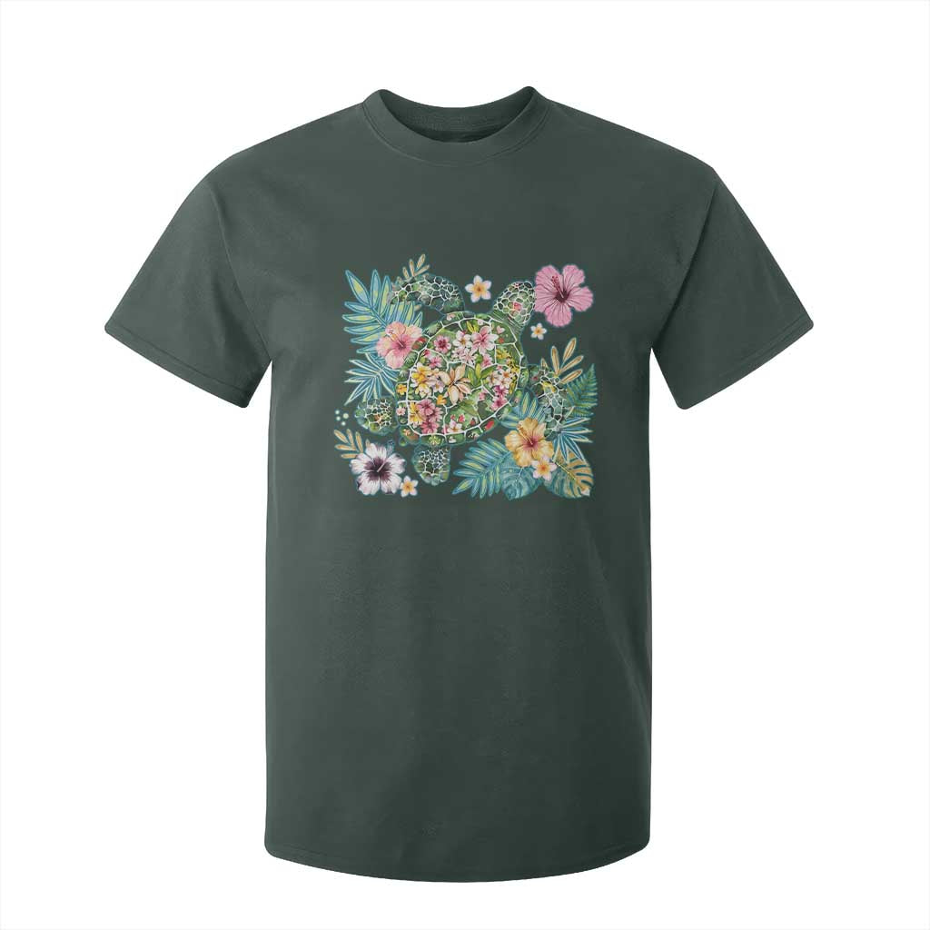 Floral Summer Turtle T Shirt For Kid Preppy Tropical Coastal Beach Graphic TS12 Dark Forest Green Print Your Wear