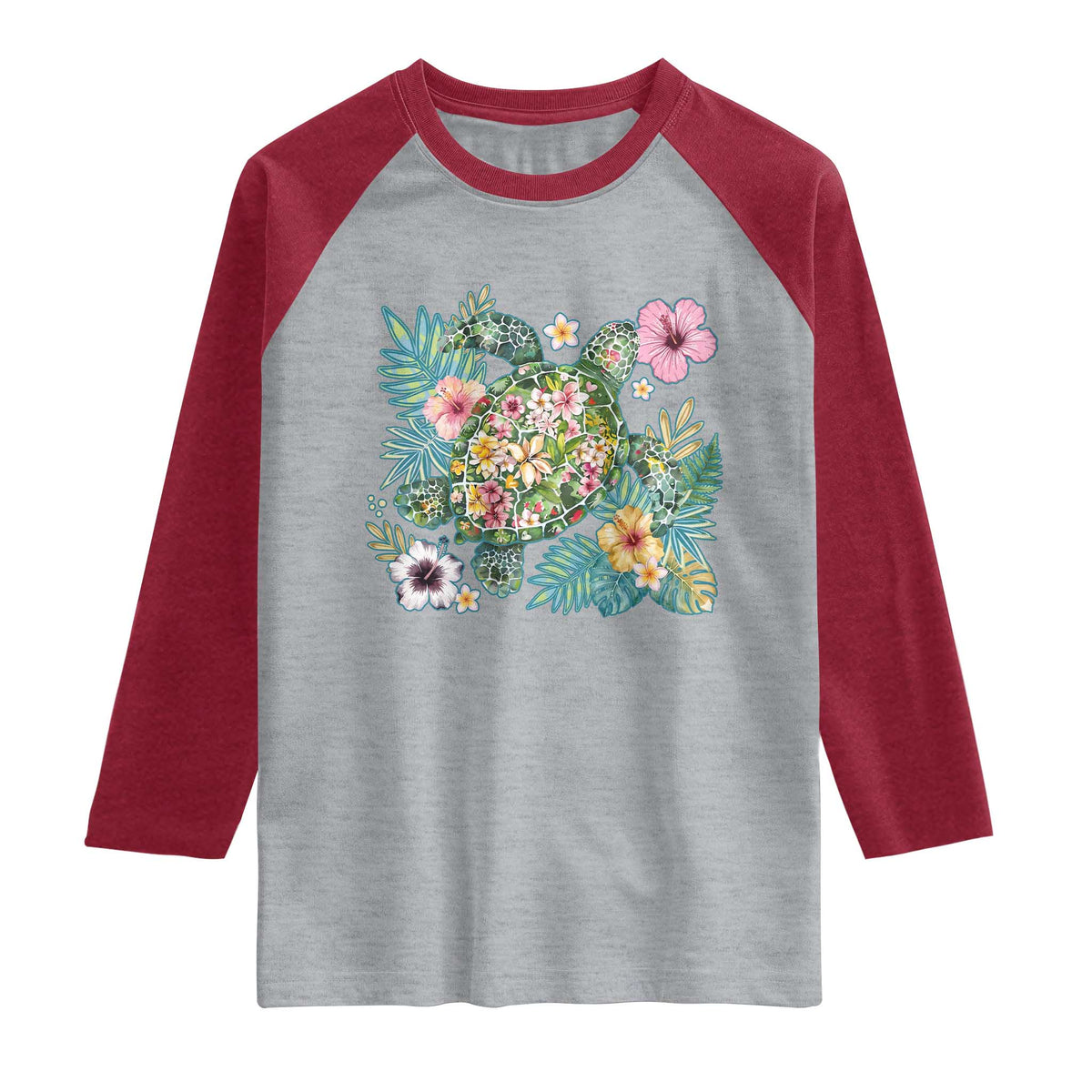 Floral Summer Turtle Raglan Shirt Preppy Tropical Coastal Beach Graphic TS12 Heather Gray Heather Red Print Your Wear