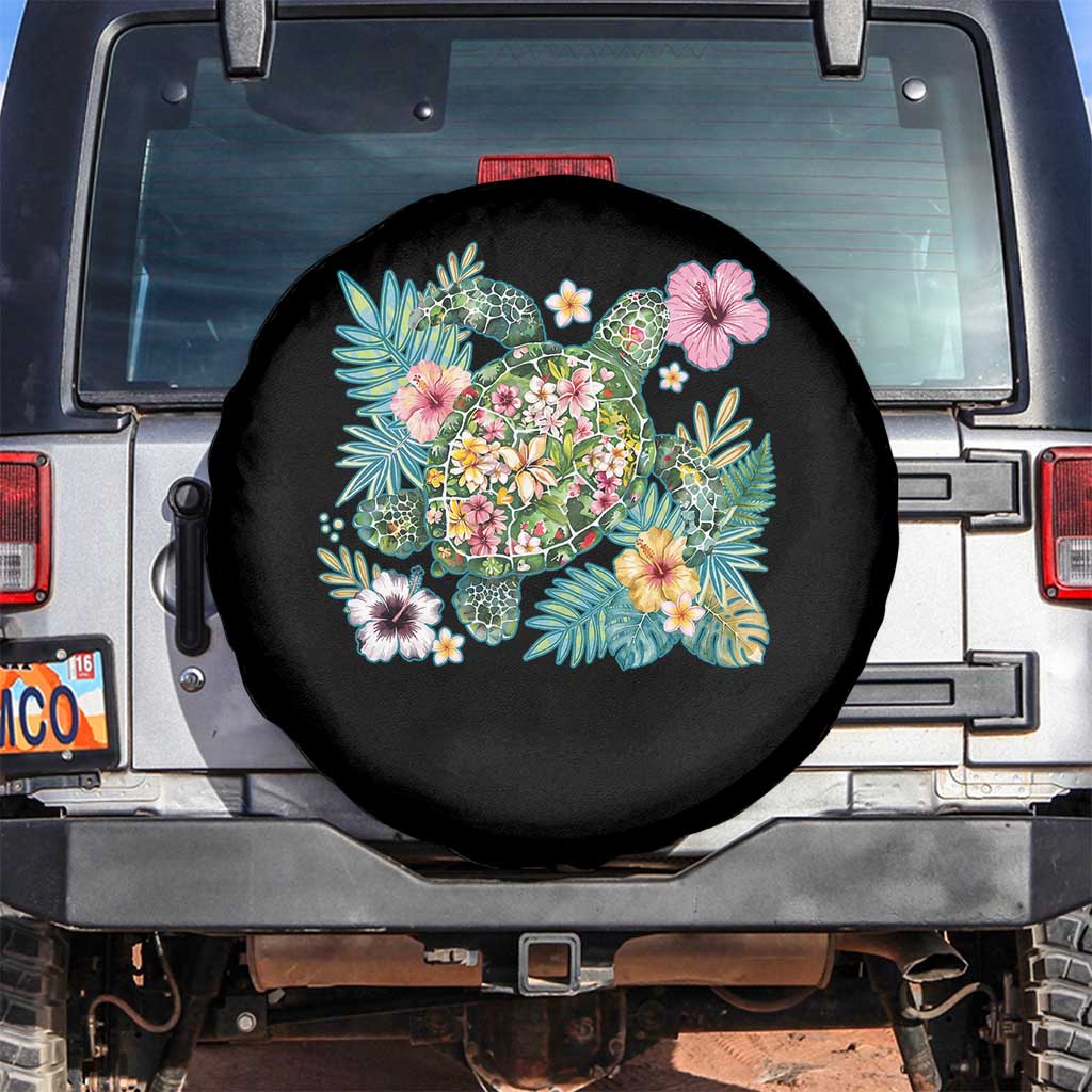 Floral Summer Turtle Spare Tire Cover Preppy Tropical Coastal Beach Graphic TS12 No hole Black Print Your Wear