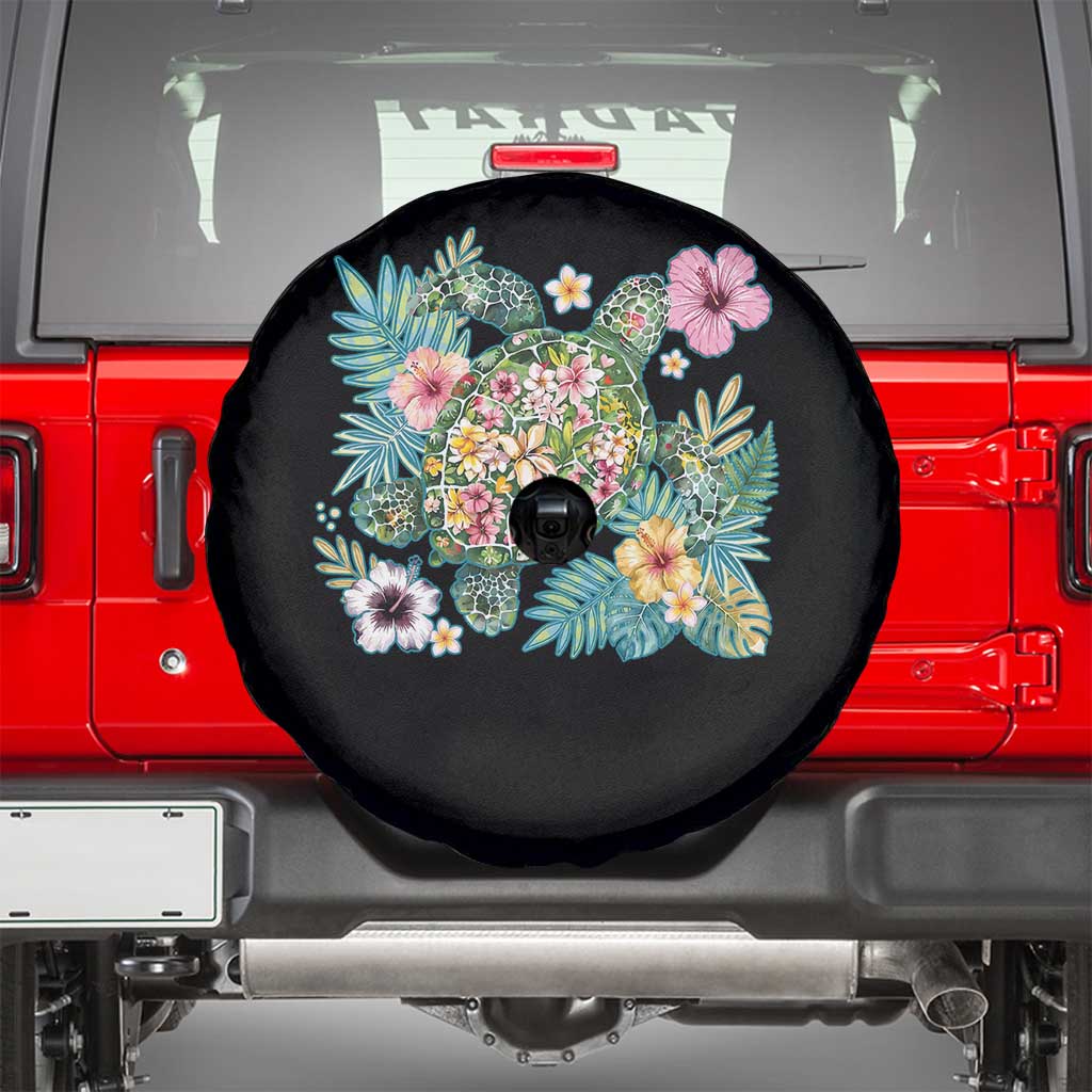 Floral Summer Turtle Spare Tire Cover Preppy Tropical Coastal Beach Graphic TS12 Black Print Your Wear