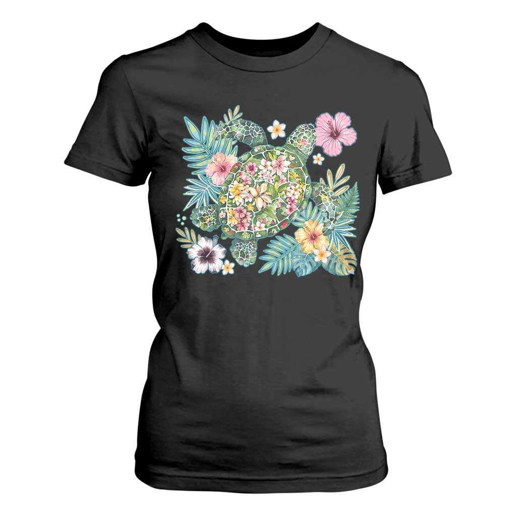 Floral Summer Turtle T Shirt For Women Preppy Tropical Coastal Beach Graphic TS12 Black Print Your Wear