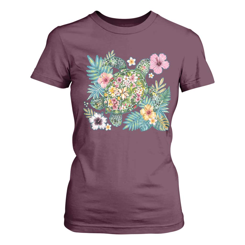 Floral Summer Turtle T Shirt For Women Preppy Tropical Coastal Beach Graphic TS12 Maroon Print Your Wear