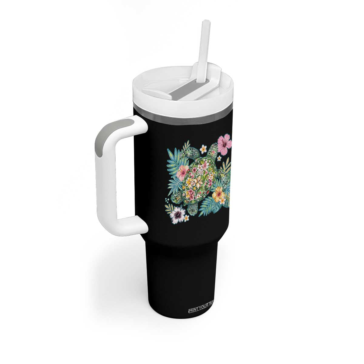 Floral Summer Turtle Tumbler With Handle Preppy Tropical Coastal Beach Graphic TS12 Print Your Wear