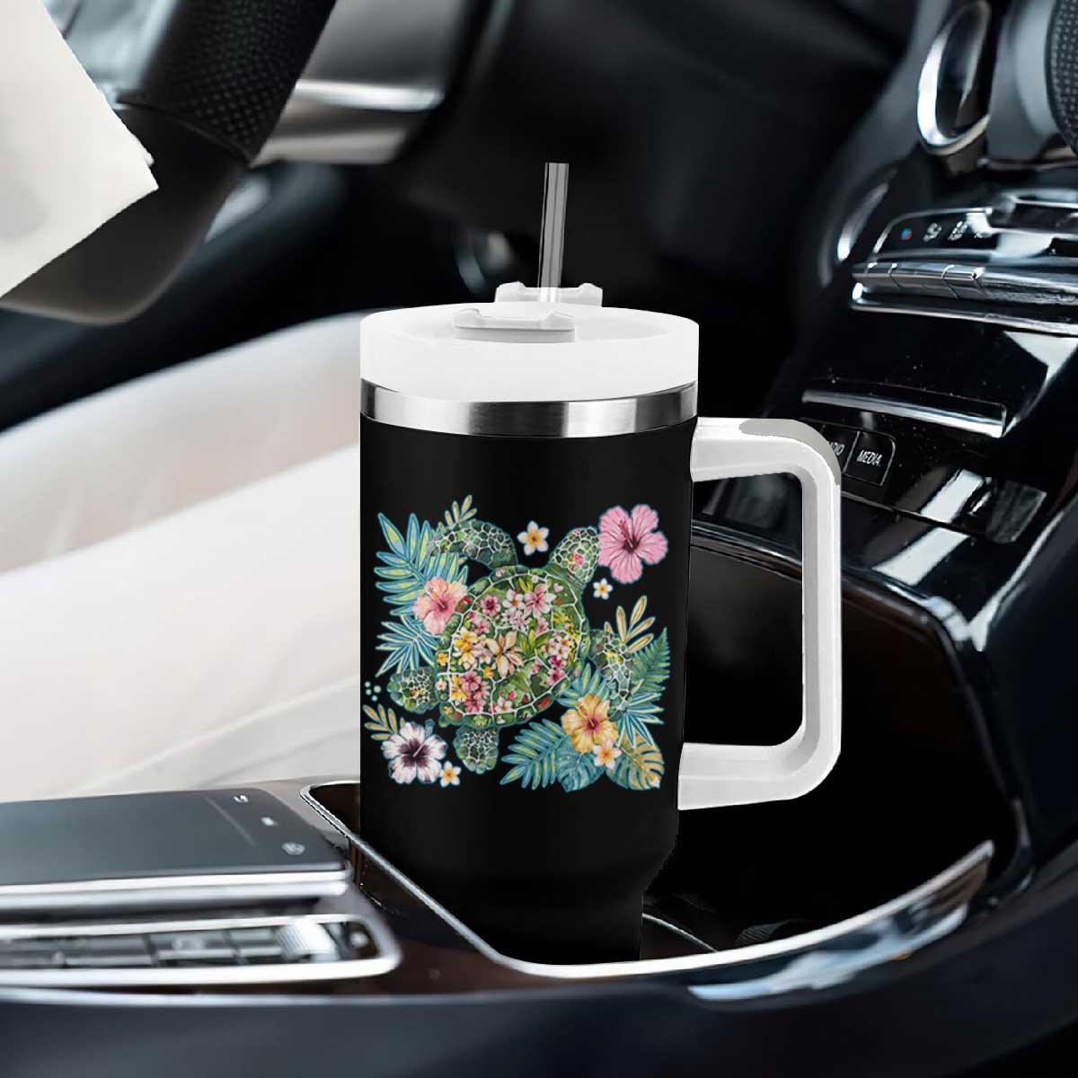 Floral Summer Turtle Tumbler With Handle Preppy Tropical Coastal Beach Graphic TS12 Print Your Wear