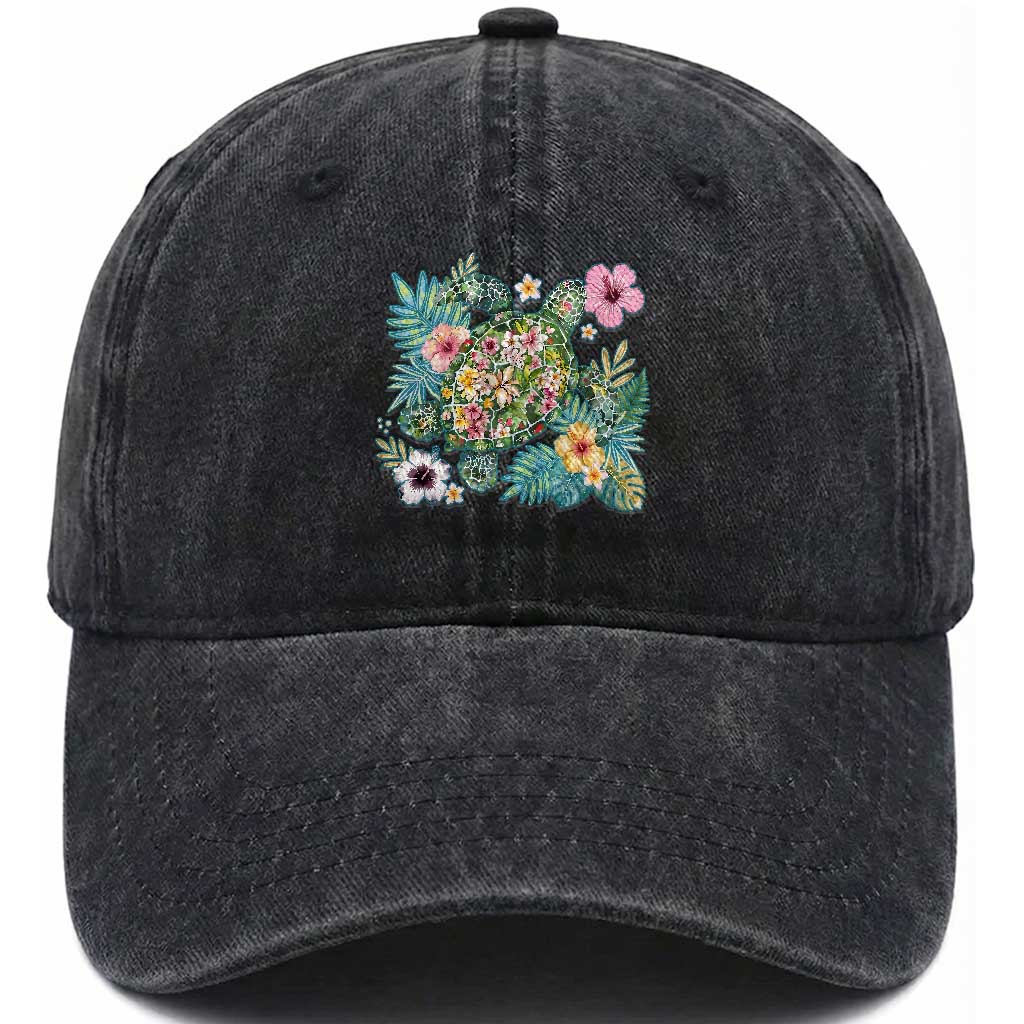Floral Summer Turtle Washed Cotton Baseball Cap Preppy Tropical Coastal Beach Graphic TS12 Print Your Wear