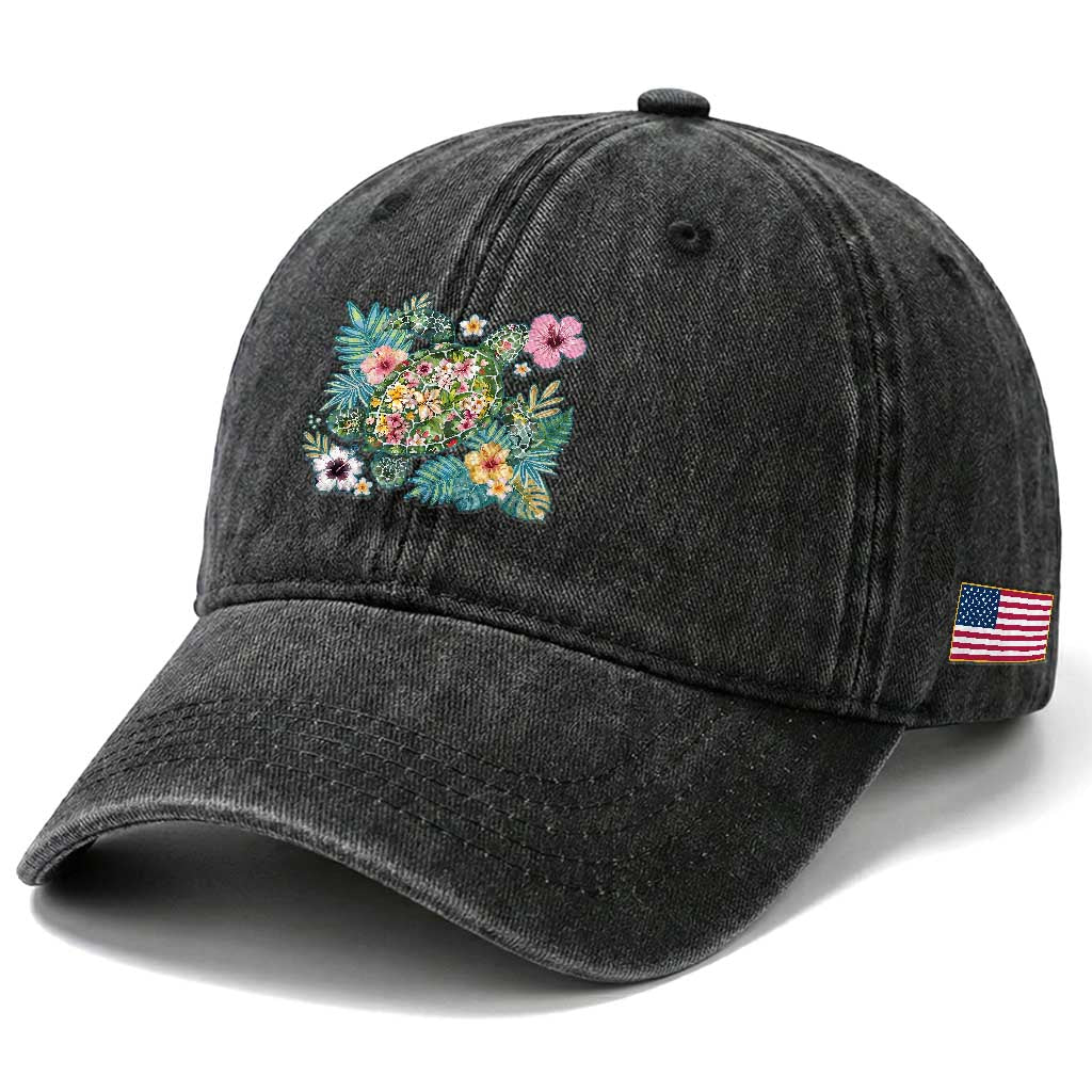 Floral Summer Turtle Washed Cotton Baseball Cap Preppy Tropical Coastal Beach Graphic TS12 Print Your Wear