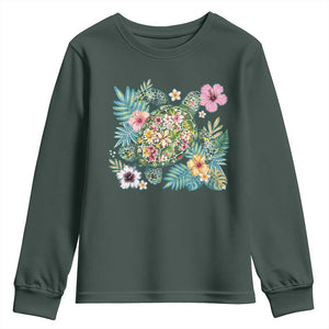 Floral Summer Turtle Youth Sweatshirt Preppy Tropical Coastal Beach Graphic TS12 Dark Forest Green Print Your Wear