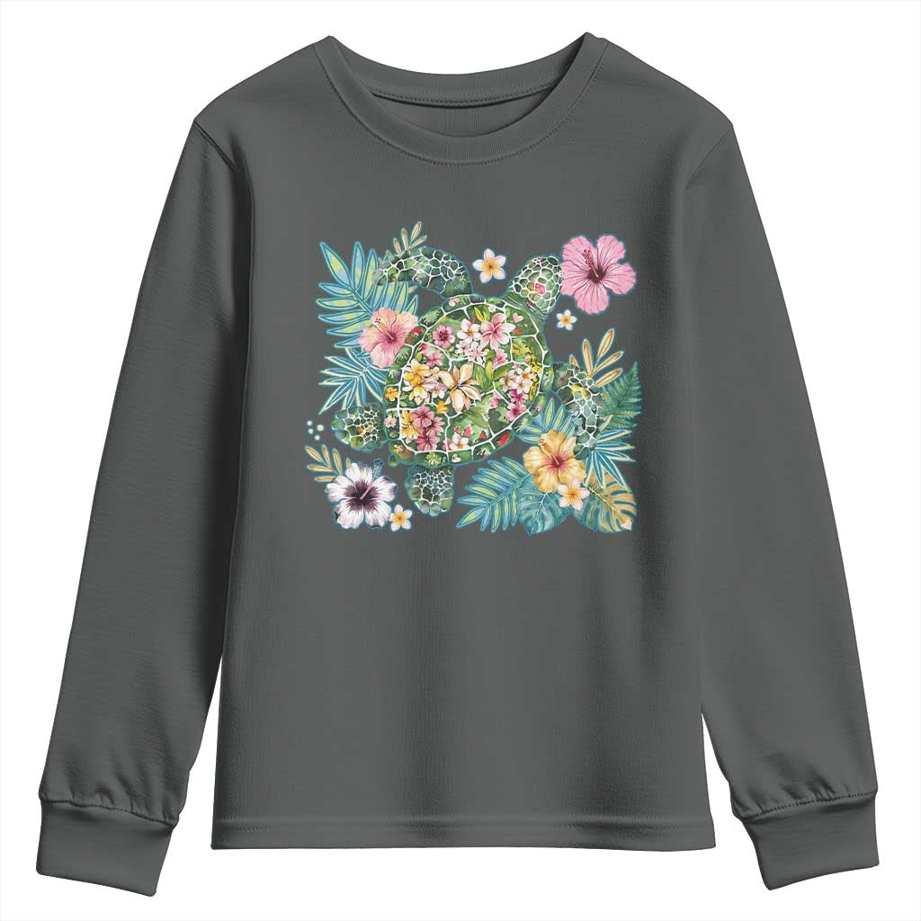 Floral Summer Turtle Youth Sweatshirt Preppy Tropical Coastal Beach Graphic TS12 Dark Heather Print Your Wear