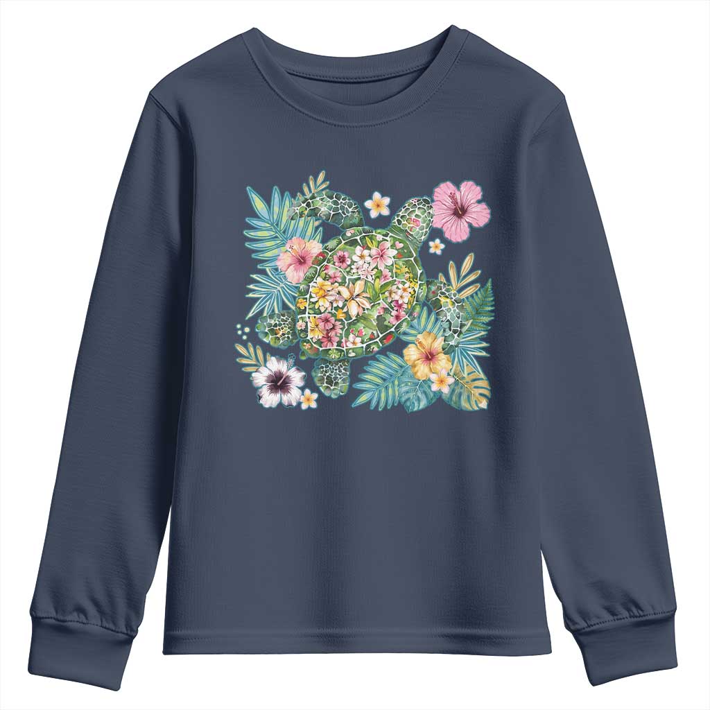 Floral Summer Turtle Youth Sweatshirt Preppy Tropical Coastal Beach Graphic TS12 Navy Print Your Wear