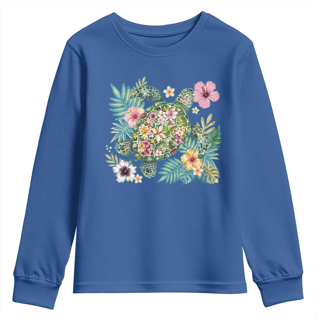 Floral Summer Turtle Youth Sweatshirt Preppy Tropical Coastal Beach Graphic TS12 Royal Blue Print Your Wear