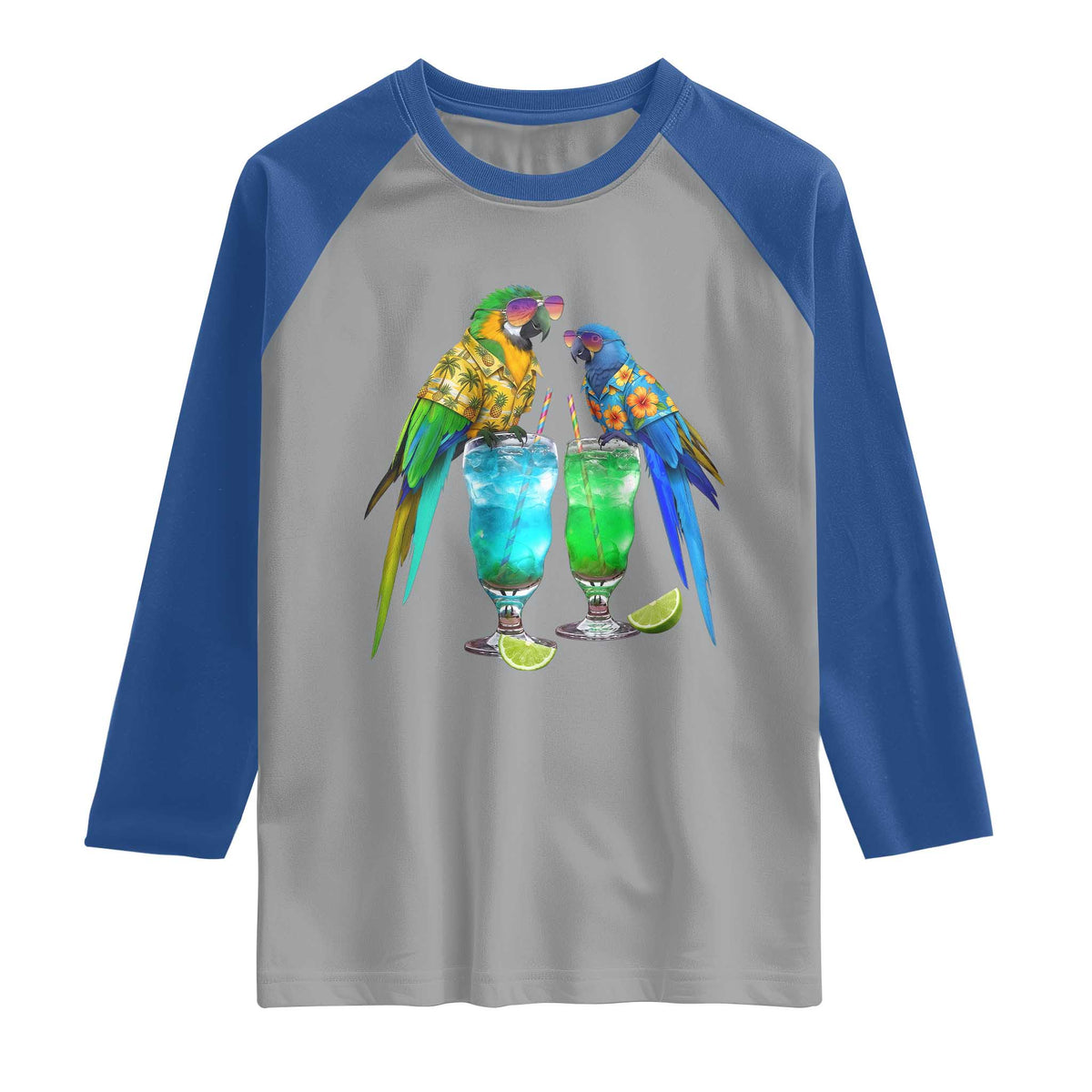 Hawaiian Parrots Drinking Margaritas Raglan Shirt Beach Vacation Gift TS12 Sport Gray Royal Print Your Wear