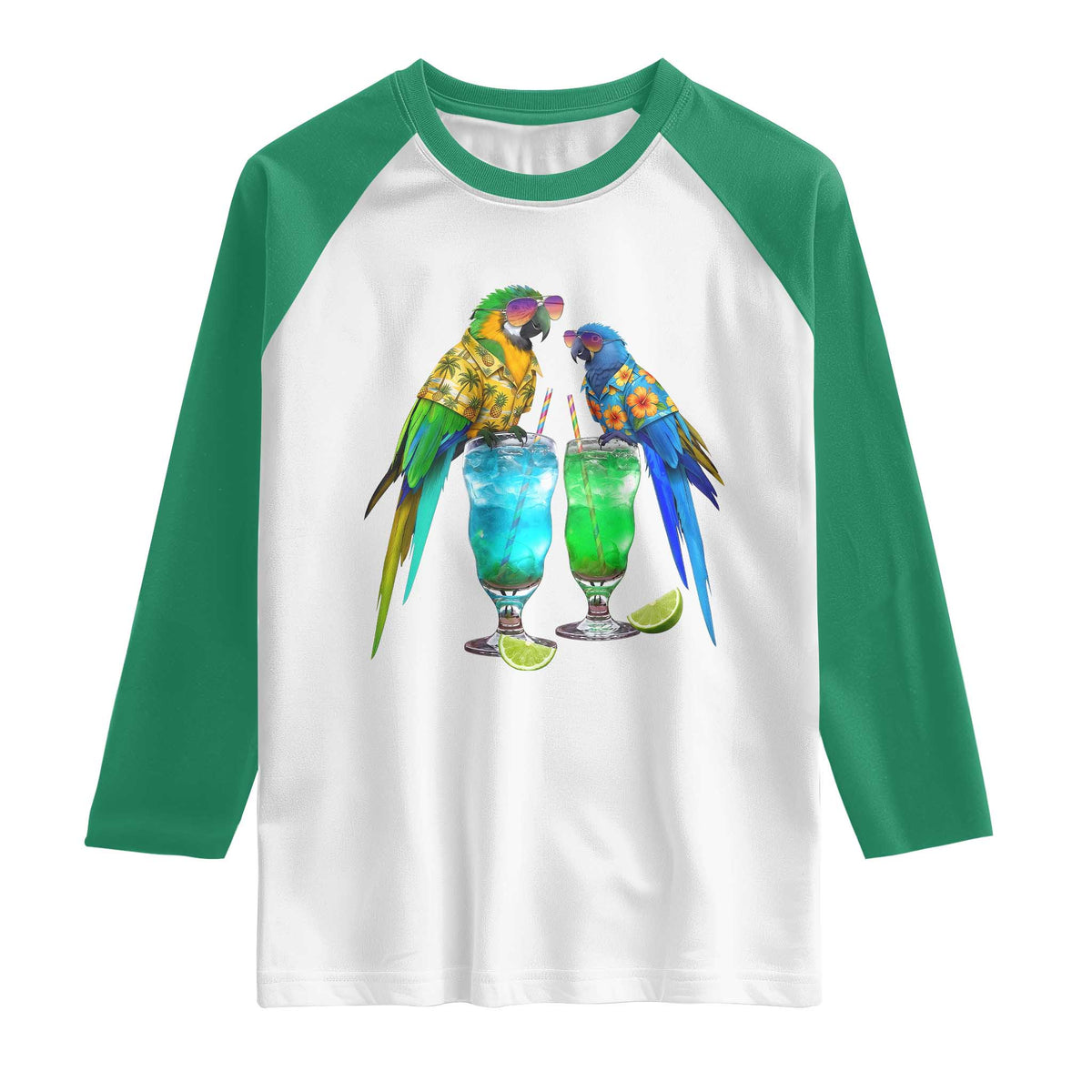 Hawaiian Parrots Drinking Margaritas Raglan Shirt Beach Vacation Gift TS12 White Kelly Green Print Your Wear