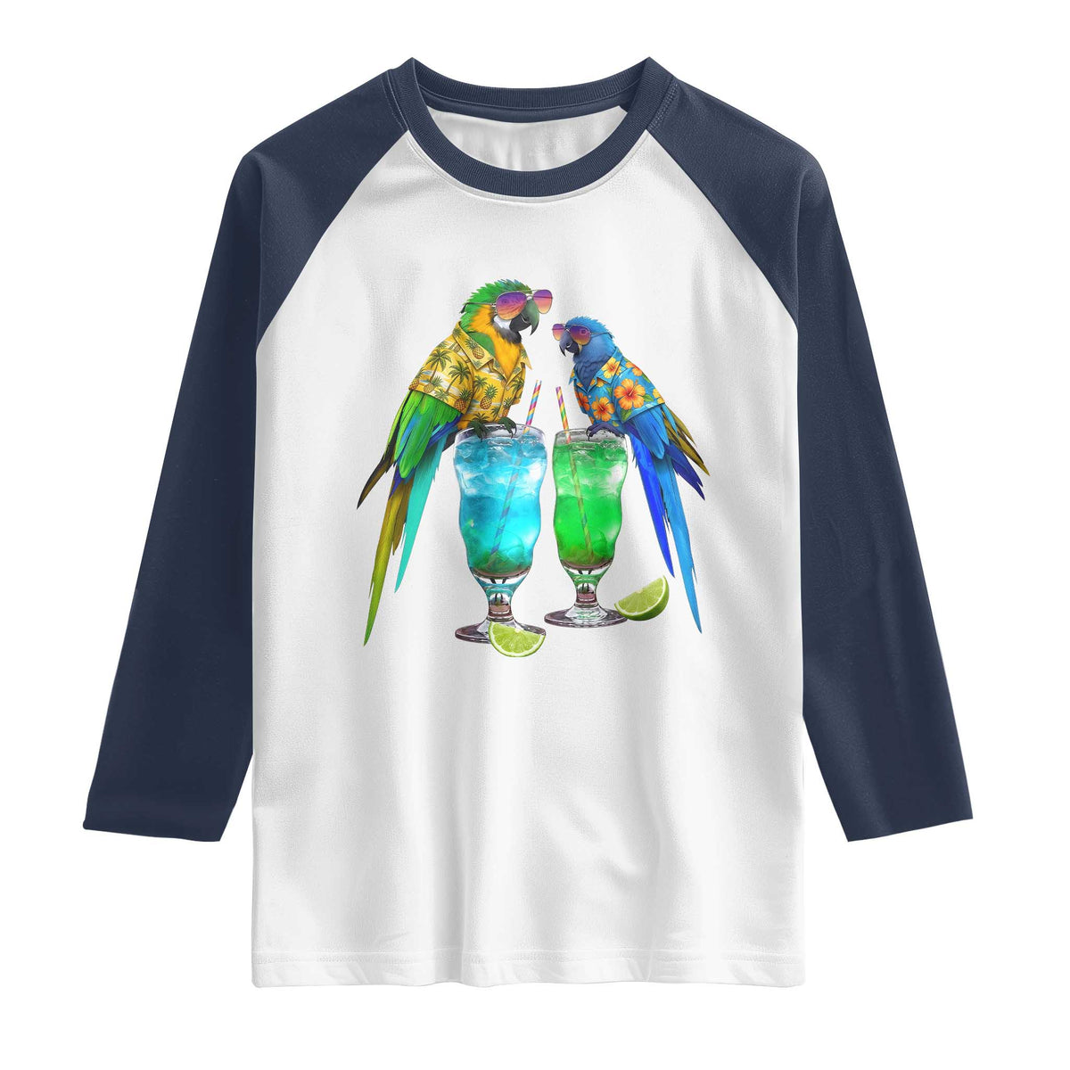 Hawaiian Parrots Drinking Margaritas Raglan Shirt Beach Vacation Gift TS12 White Navy Print Your Wear