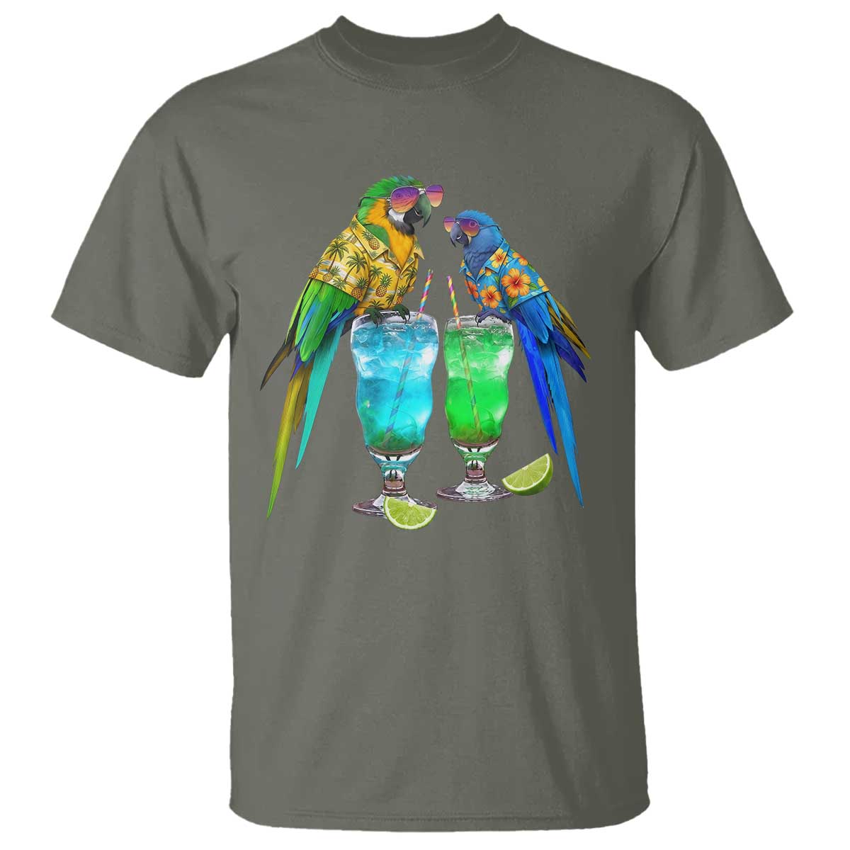 Hawaiian Parrots Drinking Margaritas T Shirt Beach Vacation Gift TS12 Military Green Print Your Wear