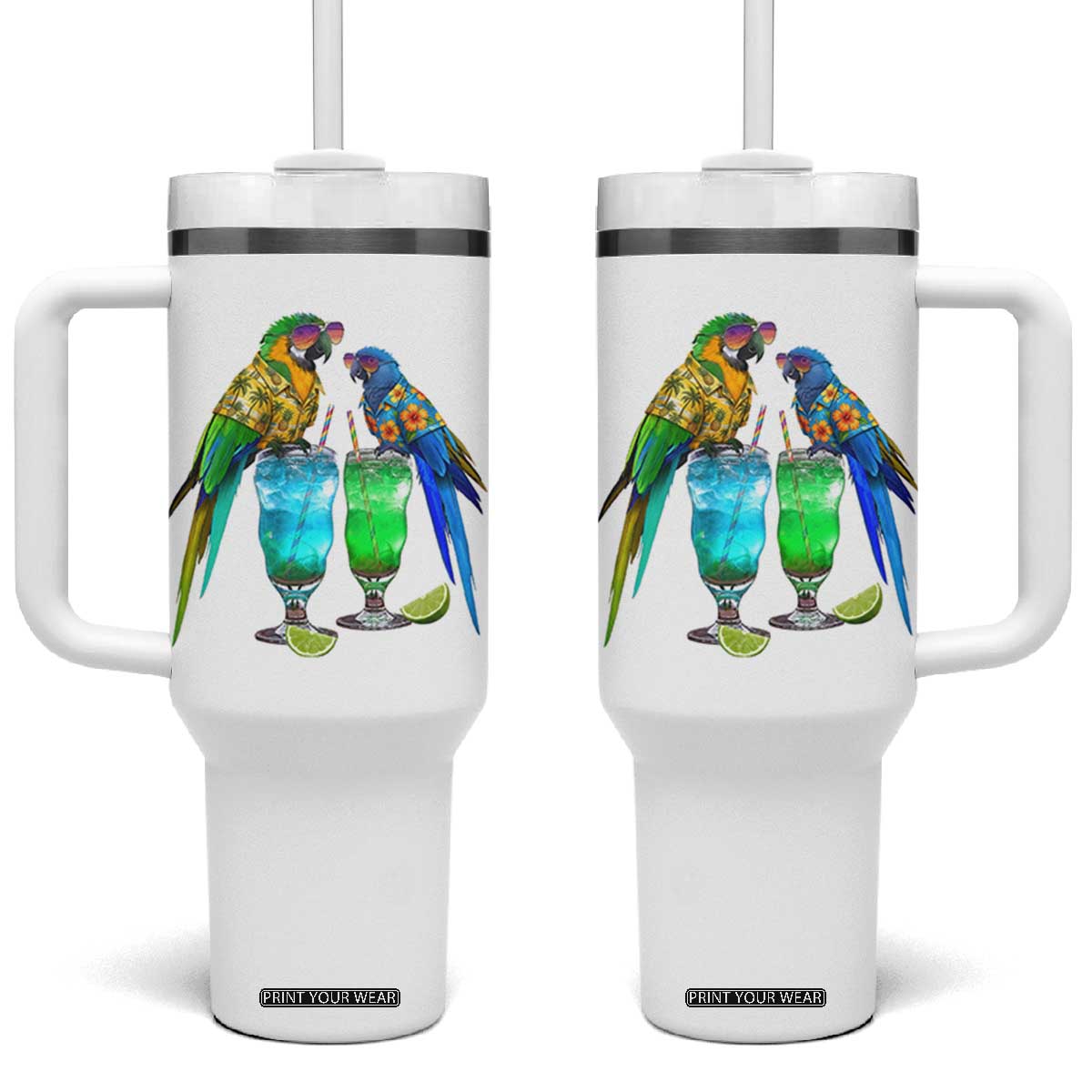 Hawaiian Parrots Drinking Margaritas Tumbler With Handle Beach Vacation Gift TS12 One Size: 40 oz White Print Your Wear