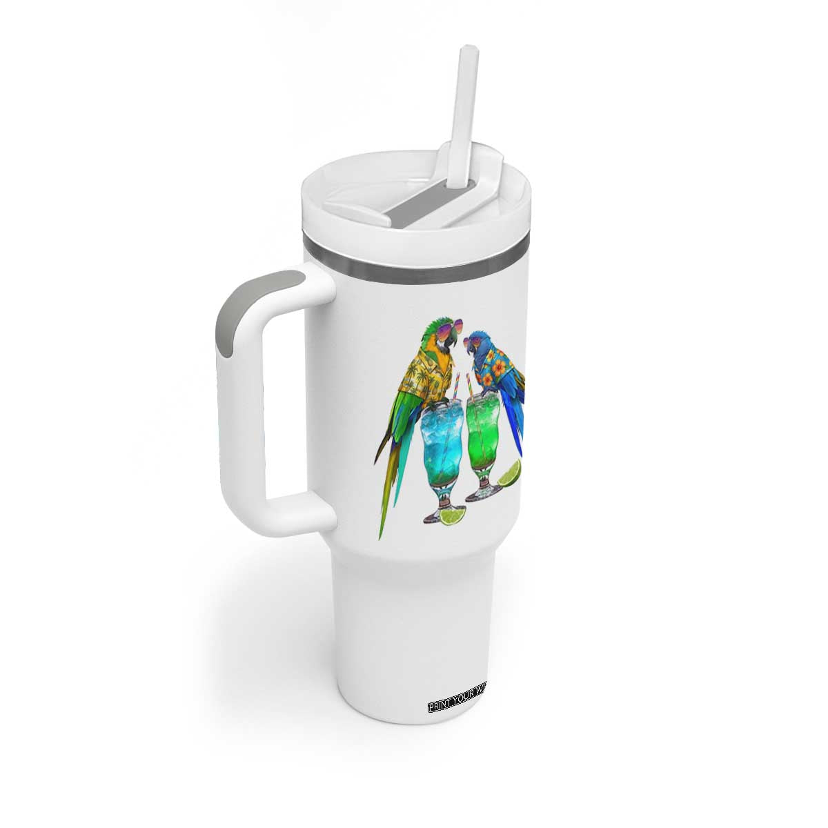 Hawaiian Parrots Drinking Margaritas Tumbler With Handle Beach Vacation Gift