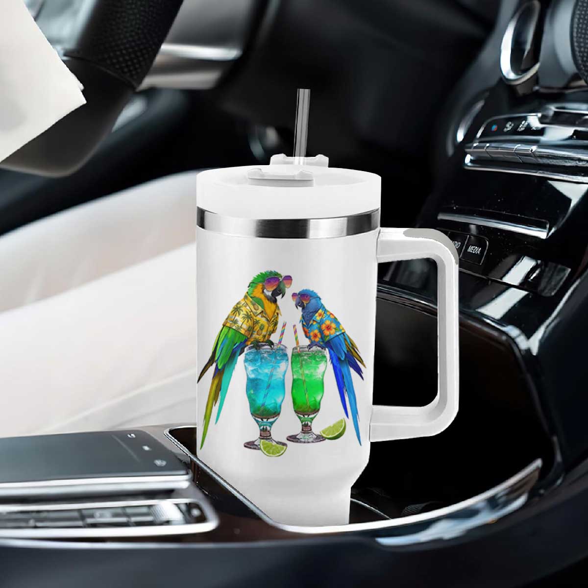 Hawaiian Parrots Drinking Margaritas Tumbler With Handle Beach Vacation Gift