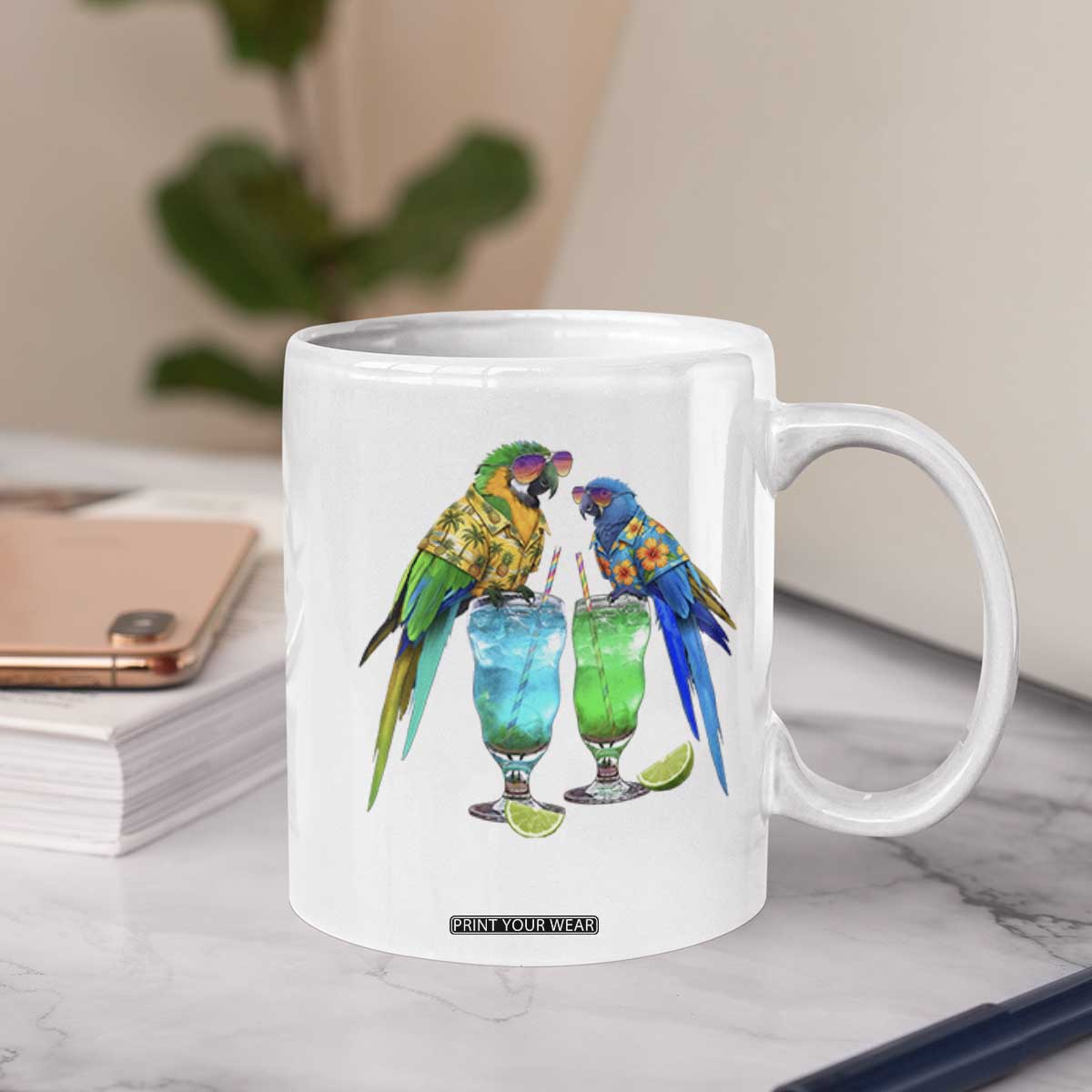 Hawaiian Parrots Drinking Margaritas Coffee Mug Beach Vacation Gift