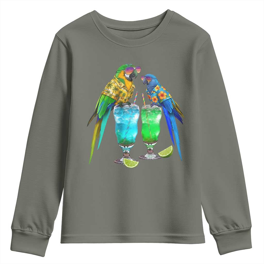 Hawaiian Parrots Drinking Margaritas Youth Sweatshirt Beach Vacation Gift TS12 Military Green Print Your Wear