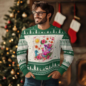 Funny Flamingo Tropical Floral Summer Vacation Graphic Ugly Christmas Sweater TS12 Beige Green Print Your Wear