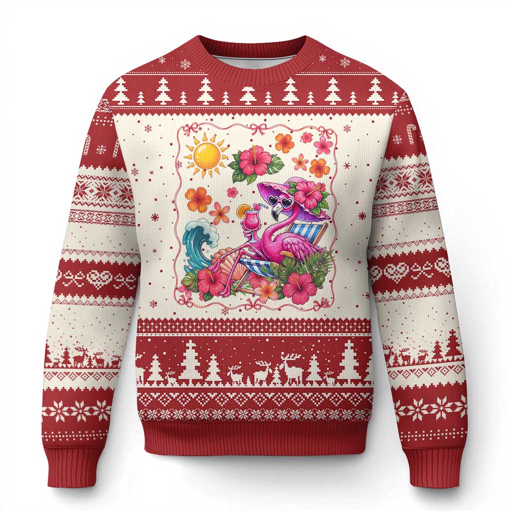 Funny Flamingo Tropical Floral Summer Vacation Graphic Ugly Christmas Sweater TS12 Beige Red Print Your Wear