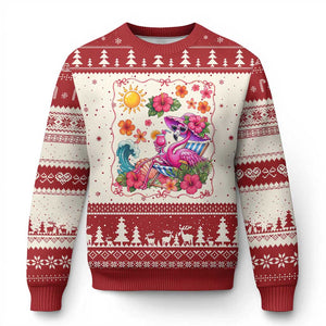 Funny Flamingo Tropical Floral Summer Vacation Graphic Ugly Christmas Sweater TS12 Beige Red Print Your Wear