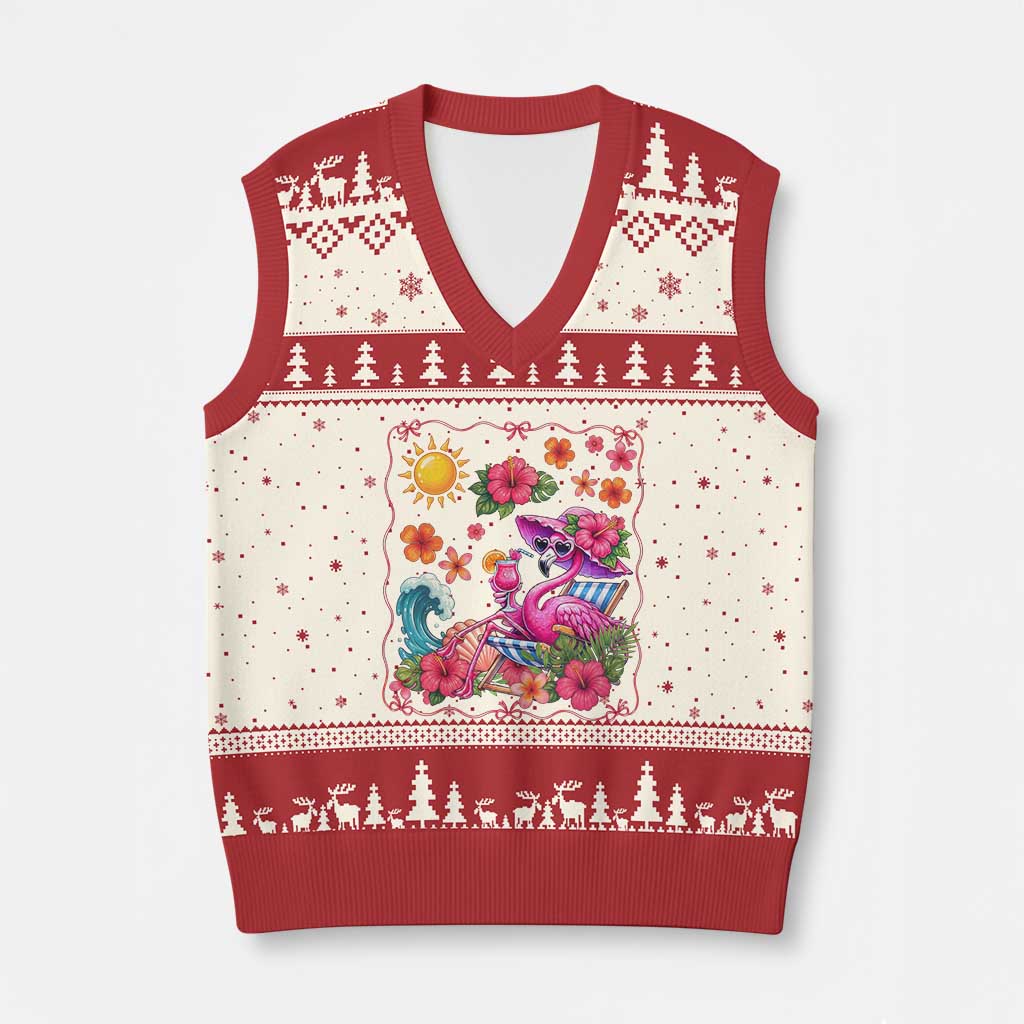 Funny Flamingo Tropical Floral Summer Vacation Graphic V-Neck Knit Sweater Vest TS12 Beige Red Print Your Wear