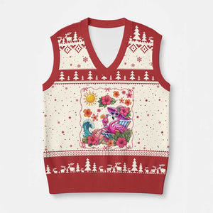 Funny Flamingo Tropical Floral Summer Vacation Graphic V-Neck Knit Sweater Vest TS12 Beige Red Print Your Wear