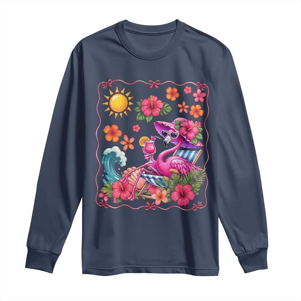 Funny Flamingo Tropical Floral Summer Vacation Graphic Long Sleeve Shirt TS12 Navy Print Your Wear