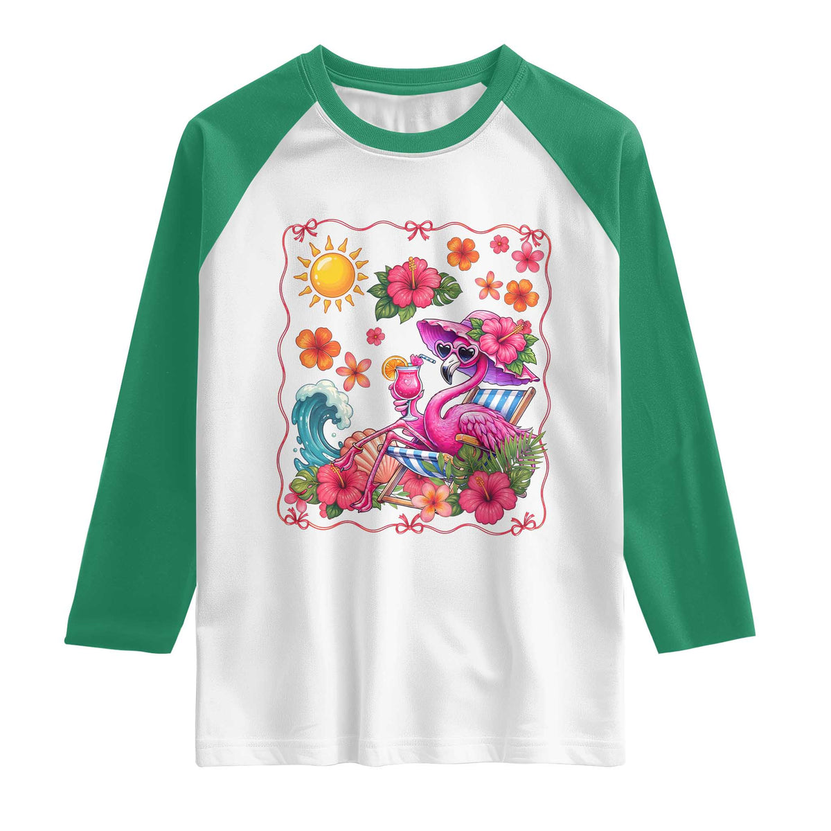 Funny Flamingo Tropical Floral Summer Vacation Graphic Raglan Shirt TS12 White Kelly Green Print Your Wear