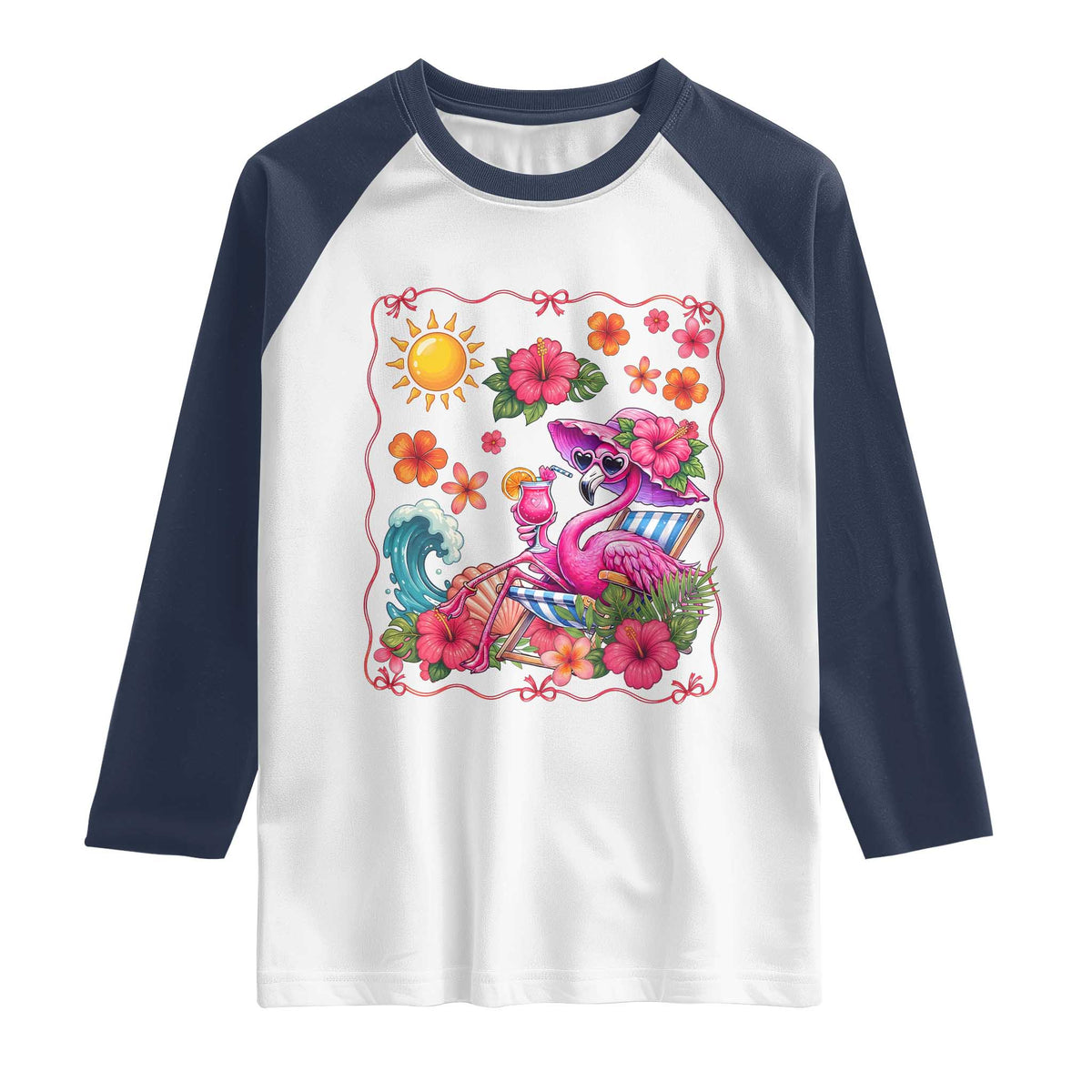 Funny Flamingo Tropical Floral Summer Vacation Graphic Raglan Shirt TS12 White Navy Print Your Wear