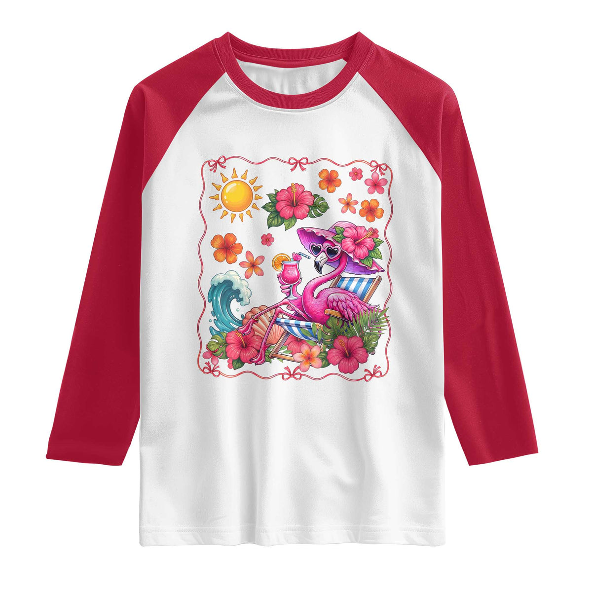 Funny Flamingo Tropical Floral Summer Vacation Graphic Raglan Shirt TS12 White Red Print Your Wear